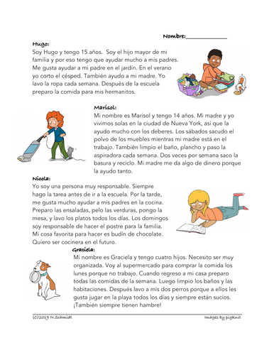 Los deberes Lectura: Spanish Reading on Chores (Quehaceres/tareas domésticas)