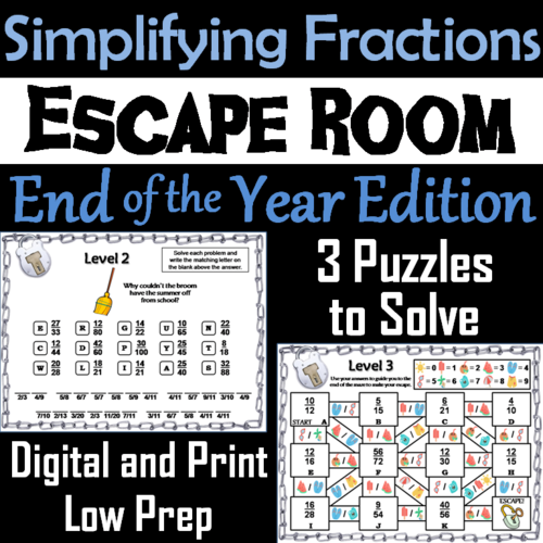 End of Year Escape Room Math: Simplifying Fractions Game; 4th 5th 6th 7th Grade
