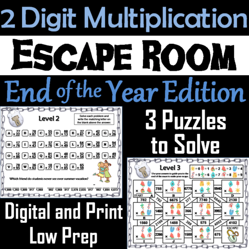 End of Year Escape Room Math: Two Digit Multiplication Game (3rd 4th 5th Grade)