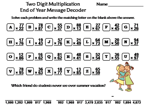 Two Digit Multiplication End of Year/ Summer Math Activity: Message Decoder