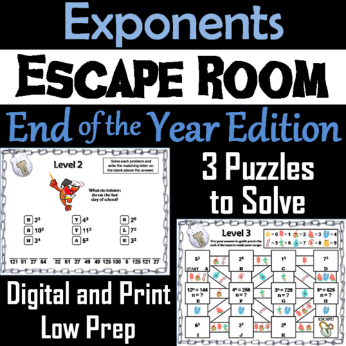 Exponents Game Escape Room End Of Year Math Activity 5th 6th 7th 8th Grade Teaching Resources