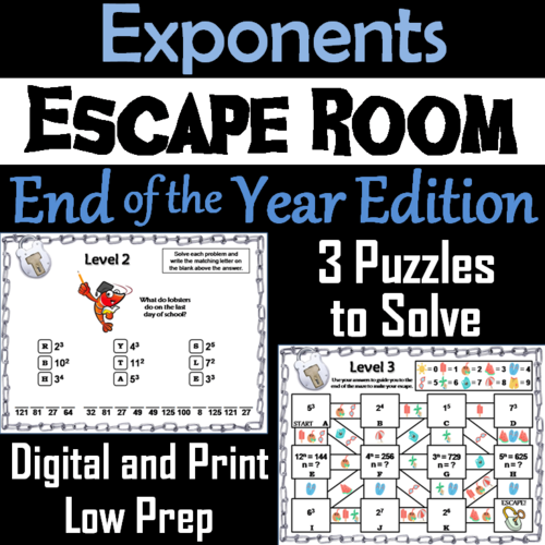 Exponents Game: Escape Room End of Year Math Activity 5th 6th 7th 8th Grade