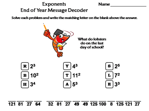 Exponents End of Year Math Activity: Message Decoder
