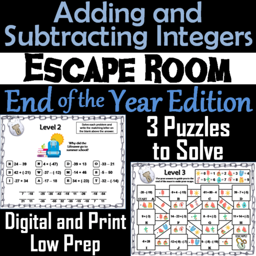 Adding And Subtracting Integers Game Escape Room End Of Year Math Activity Teaching Resources