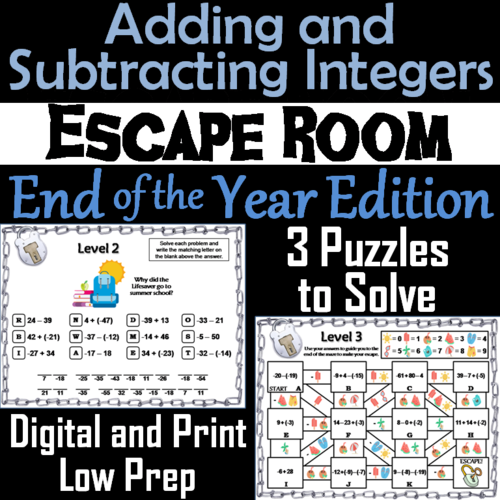 Adding and Subtracting Integers Game: Escape Room End of Year Math Activity