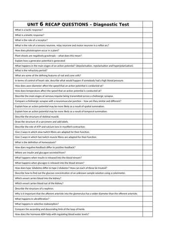 AQA Biology - Unit 6 Responding to the environment diagnostic questions