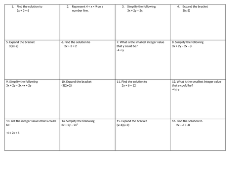 Year 8 Algebra Grid