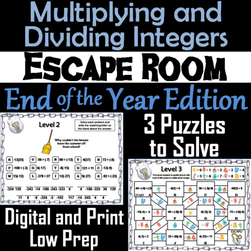 Multiplying and Dividing Integers Game: Escape Room End of Year Math Activity