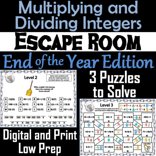 Multiplying And Dividing Integers Game Escape Room End Of Year Math Activity Teaching Resources