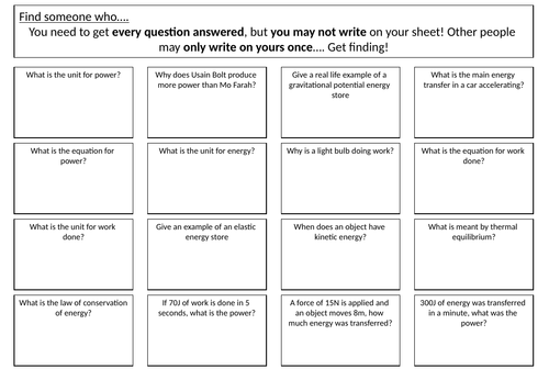 Energy revision game! Find someone who can