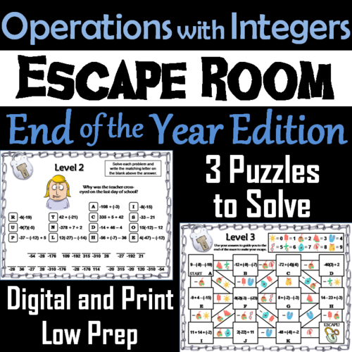 Operations With Integers Game Escape Room End Of Year Math Activity Teaching Resources