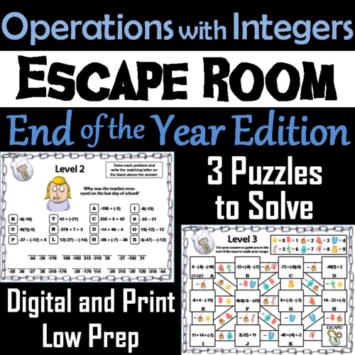 Operations with Integers Game: Escape Room End of Year Math Activity