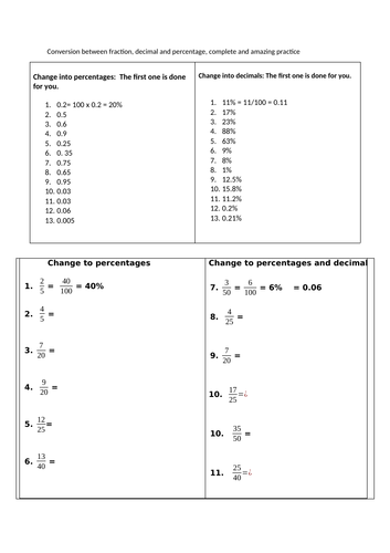 conversion between fraction decimal and percentage with answers differentiated resource teaching resources