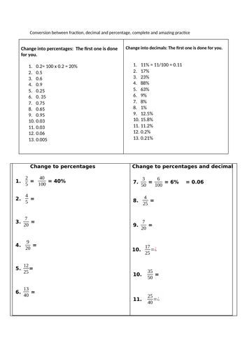 percentages fractions worksheet