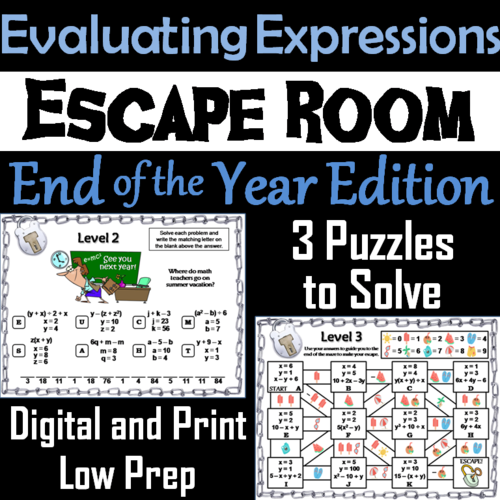 Evaluating Algebraic Expressions Game: Escape Room End of Year Math Activity