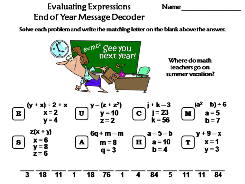 Evaluating Algebraic Expressions End of Year Math Activity: Message Decoder