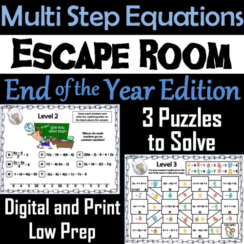 Solving Multi Step Equations Game: Escape Room End of Year Math Activity