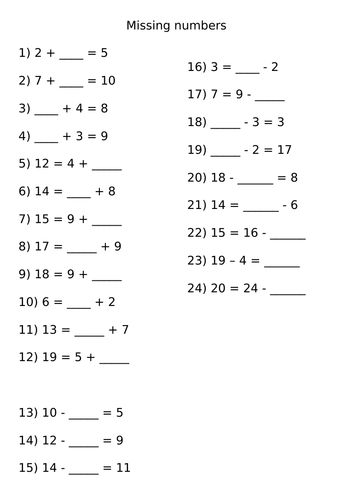 Missing numbers in calculations worksheets
