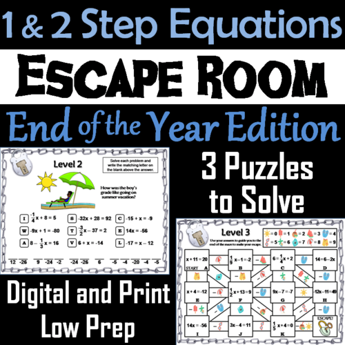 Solving One and Two Step Equations Game Escape Room End of Year Math
