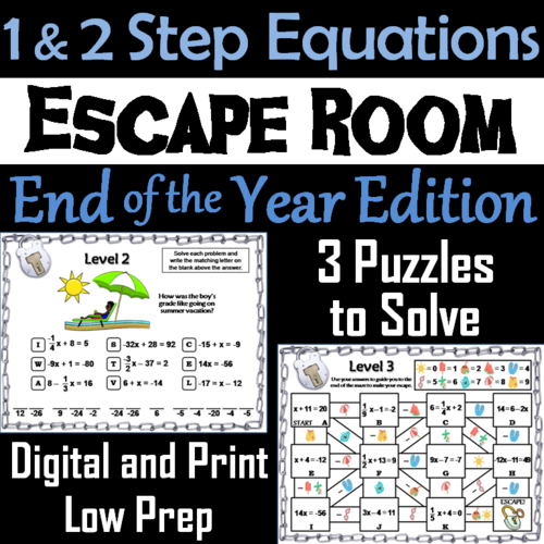 Solving One and Two Step Equations Game: Escape Room End of Year Math Activity