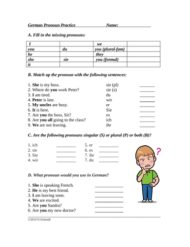 German Subject Pronouns Review Worksheet (Quiz)