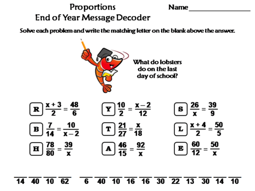 Solving Proportions End of Year Math Activity: Message Decoder