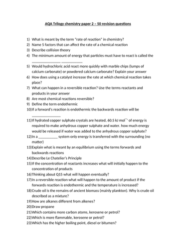 AQA Trilogy Chemistry paper 2 Revision - 50 questions (with answers)