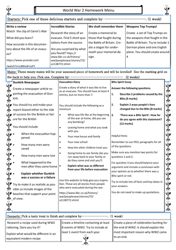 Home Front Homework 'Menu'