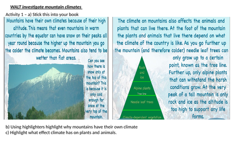 Mountain climate activity sheet with questions