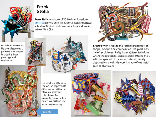 Art Cover work, Frank Stella, 3D Designing, Year 9, Questions, written work.