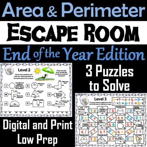 Area and Perimeter Game: Geometry Escape Room End of Year Math Activity
