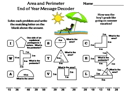 Area and Perimeter End of Year Math Activity: Message Decoder