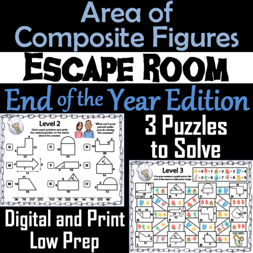 Area of Composite Figures Game: Geometry Escape Room End of Year Math Activity