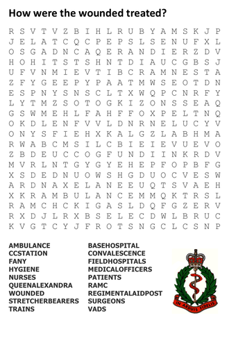 Treatment of the wounded in World War One Word Search