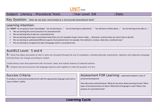 Procedural Text Unit Plan - Middle School Levels