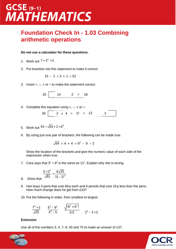 OCR Maths: Foundation GCSE - Check In Test 1.03 Combining arithmetic operations