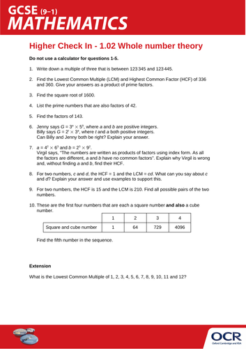 OCR Maths: Higher GCSE - Check In Test 1.02 Whole number theory