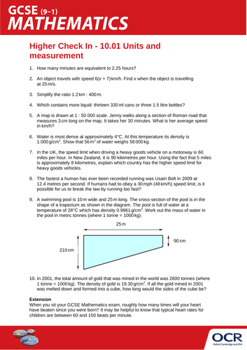 OCR Maths: Higher GCSE - Check In Test 10.01 Units and measurement