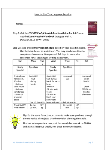 AQA GCSE Spanish 9-1 Plan your Revision - exemplar booklet to give to students