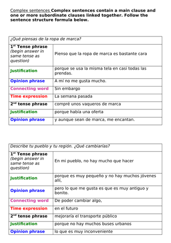 spanish igcse complex sentences for writing perfect for revision teaching resources