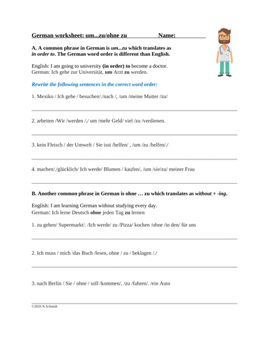 German Conjunctions Worksheet: um...zu,  ohne zu