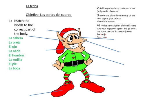 KS2/3 Spanish parts of the body Christmas elf worksheet