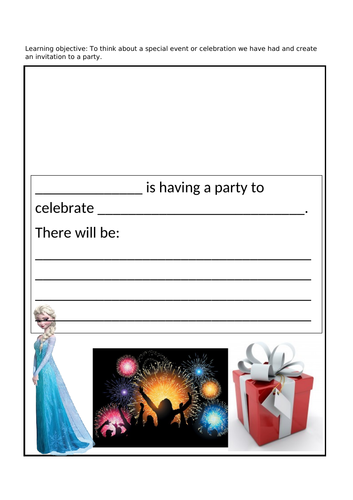Party invitation Celebrations topic EYFS