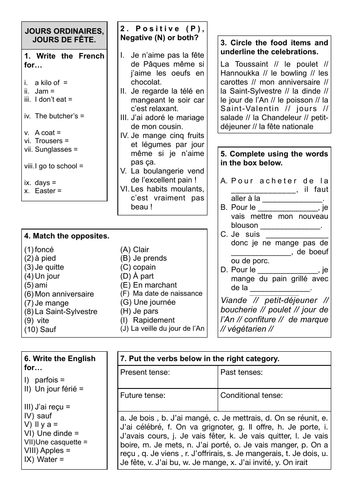 Revision Sheet 4 - Jours ordinaires jours de fête