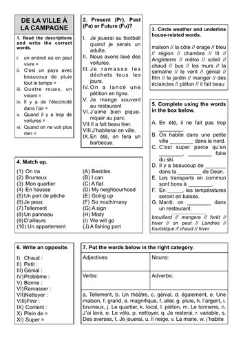 Revision Sheet 5 De La Ville A La Campagne Teaching Resources