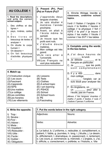 Revision Sheets 8 and 9 - Au Collège