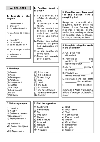 Revision Sheet 9 - Au Collège 2