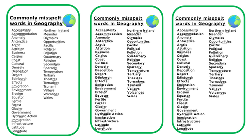 Spelling in Geography (commonly misspelt words)