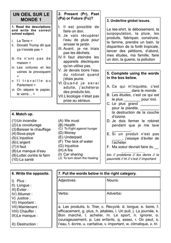 Revision Sheets 12 and 13 - Un Oeil sur le monde