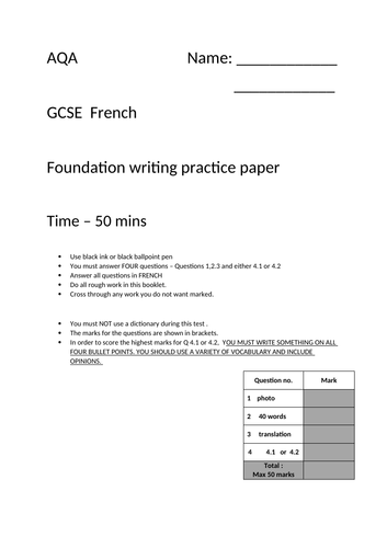 GCSE French foundation writing practice paper 2